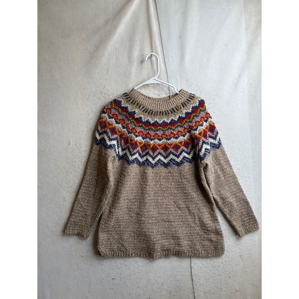 J. Jill Womens Fair Isle Yoke Knit Sweater Tan Marl Cotton Blend Size M 137981